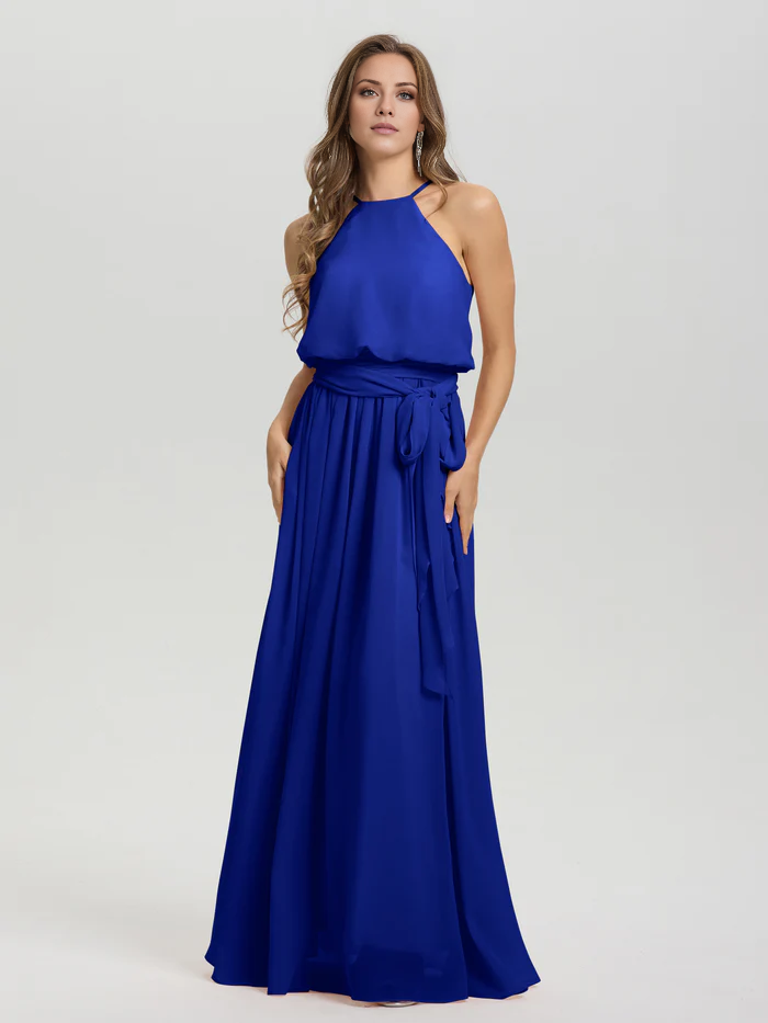 Hanging neck low round neck sleeveless chiffon and floor length Bridesmaid dresses