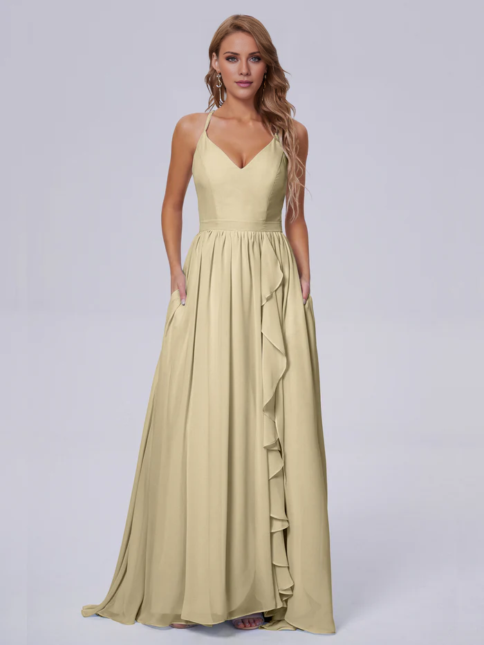 Elegant shoulder strap chiffon and floor length bridesmaid dress
