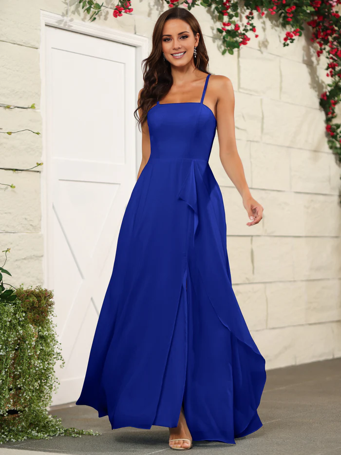 Beautiful chiffon thin shoulder strap and floor length bridesmaid dress