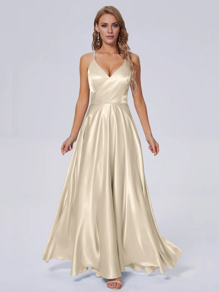 Elegant shoulder strap soft satin and floor length bridesmaid dress