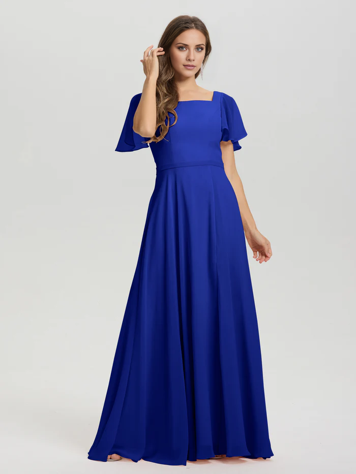 A-line square collar ruffled short sleeved and ground chiffon/ground length bridesmaid dress