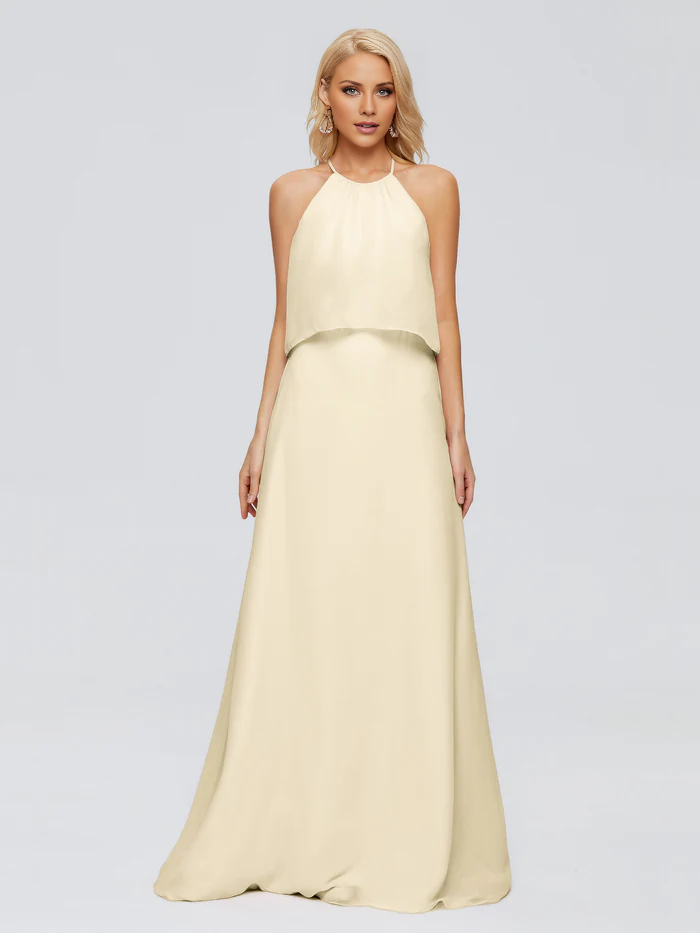 Post neck chiffon and floor length bridesmaid dress