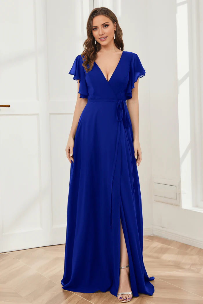 V-neck ruffled sleeve chiffon slit and floor length bridesmaid dress