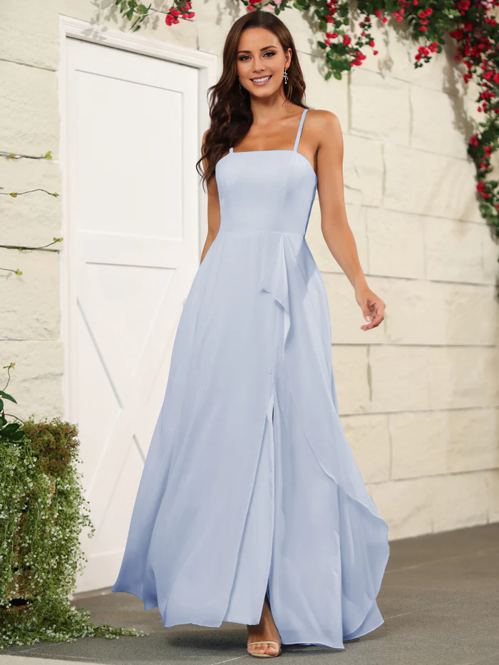 Beautiful chiffon thin shoulder strap and floor length bridesmaid dress