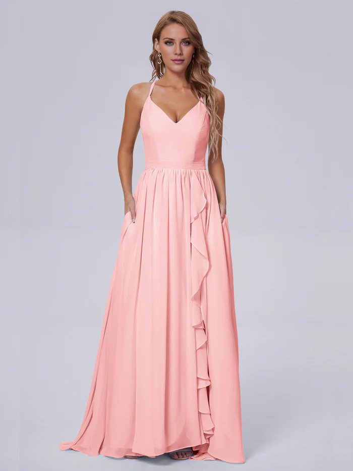 Elegant shoulder strap chiffon and floor length bridesmaid dress