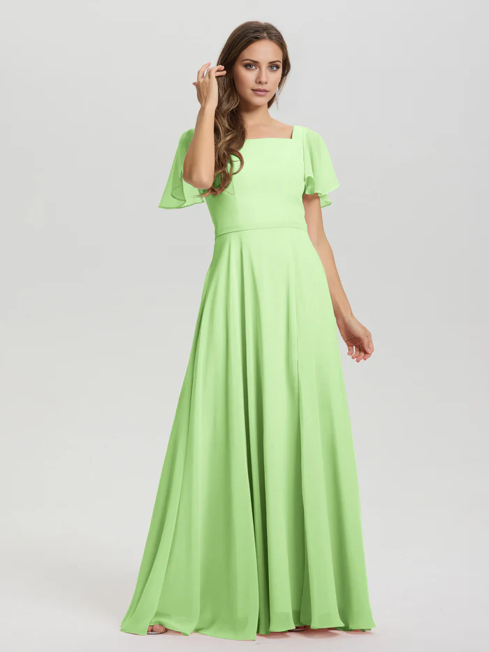 A-line square collar ruffled short sleeved and ground chiffon/ground length bridesmaid dress