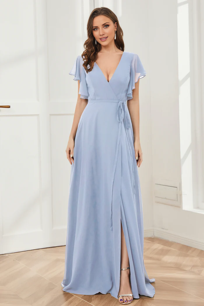 V-neck ruffled sleeve chiffon slit and floor length bridesmaid dress