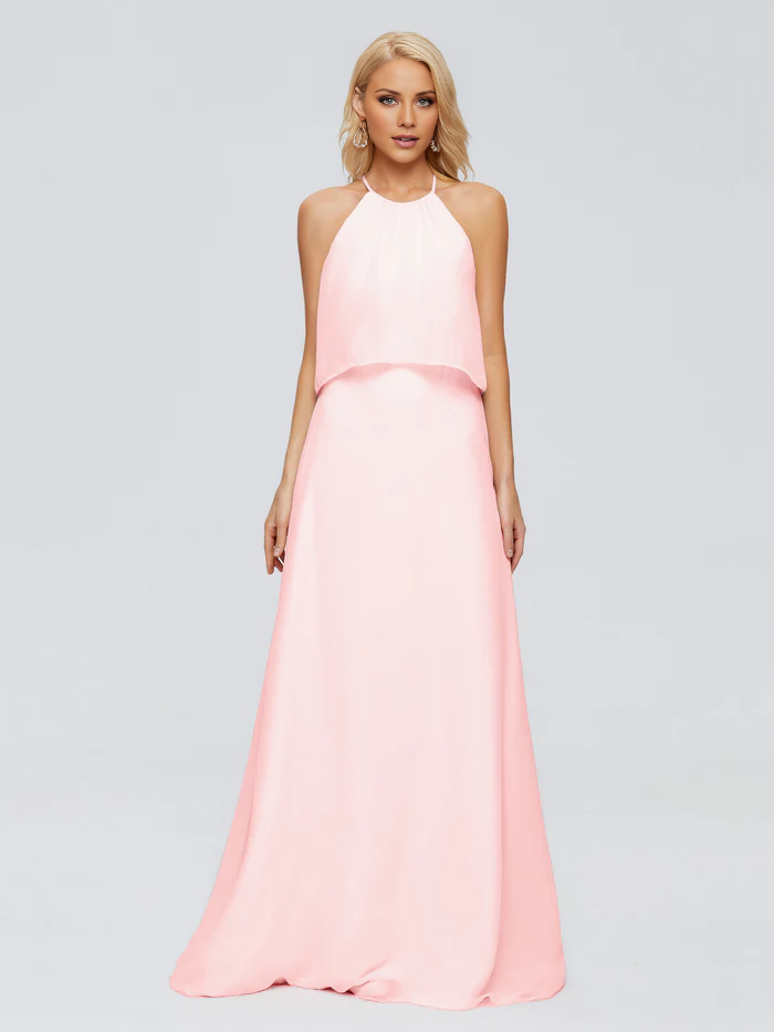 Post neck chiffon and floor length bridesmaid dress