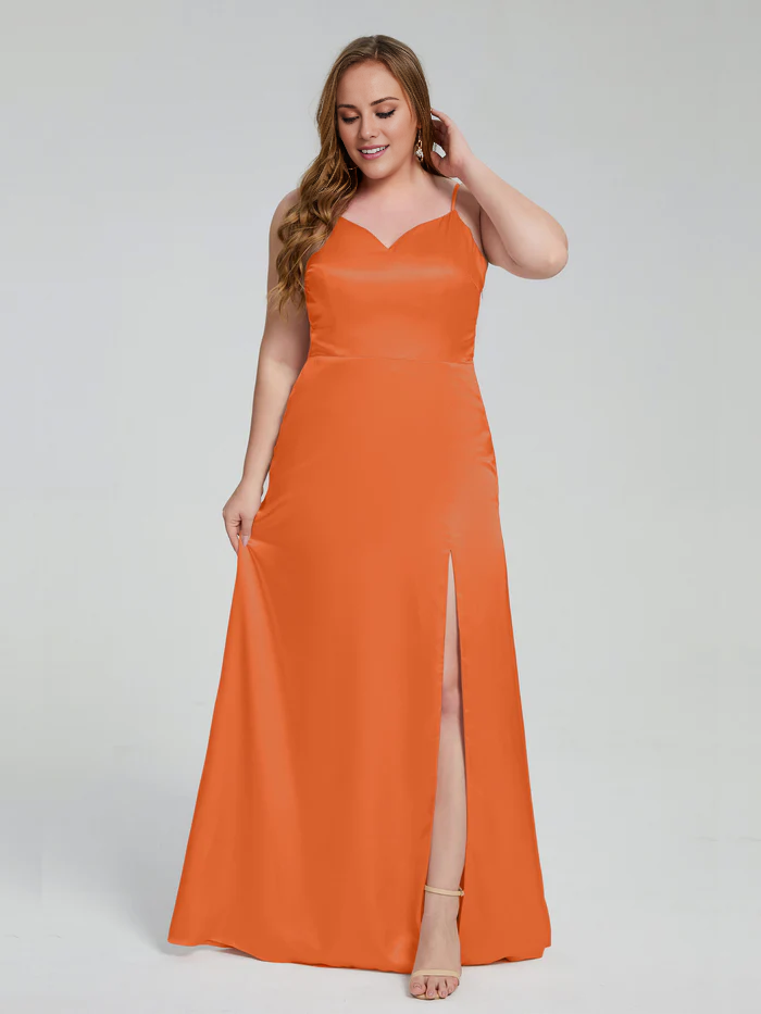 Split plus size soft satin and floor length bridesmaid dress