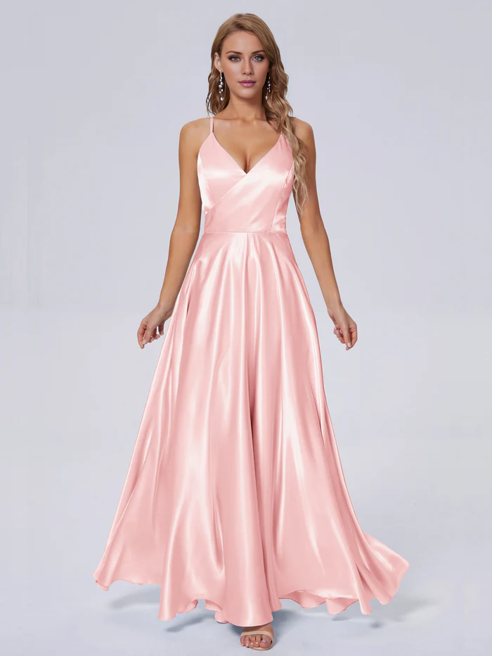 Elegant shoulder strap soft satin and floor length bridesmaid dress