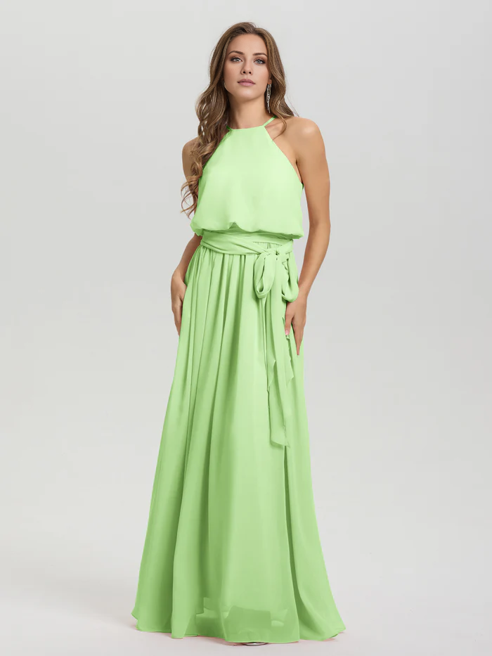 Hanging neck low round neck sleeveless chiffon and floor length Bridesmaid dresses