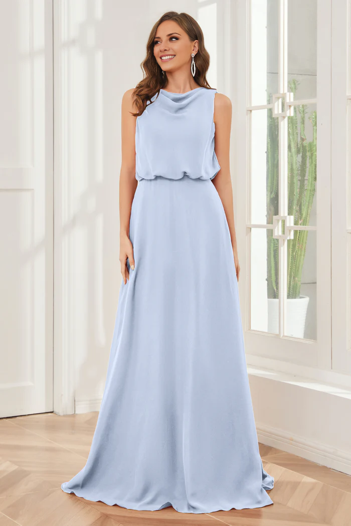 Pillar style wind neck sleeveless chiffon and floor length bridesmaid dress