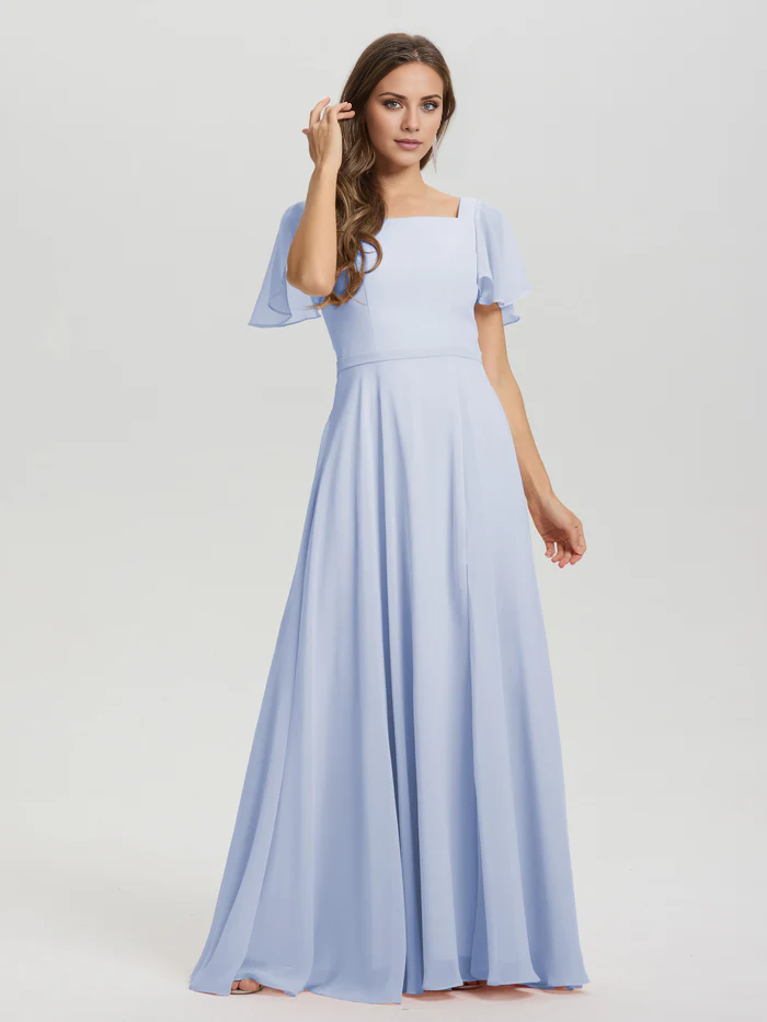 A-line square collar ruffled short sleeved and ground chiffon/ground length bridesmaid dress