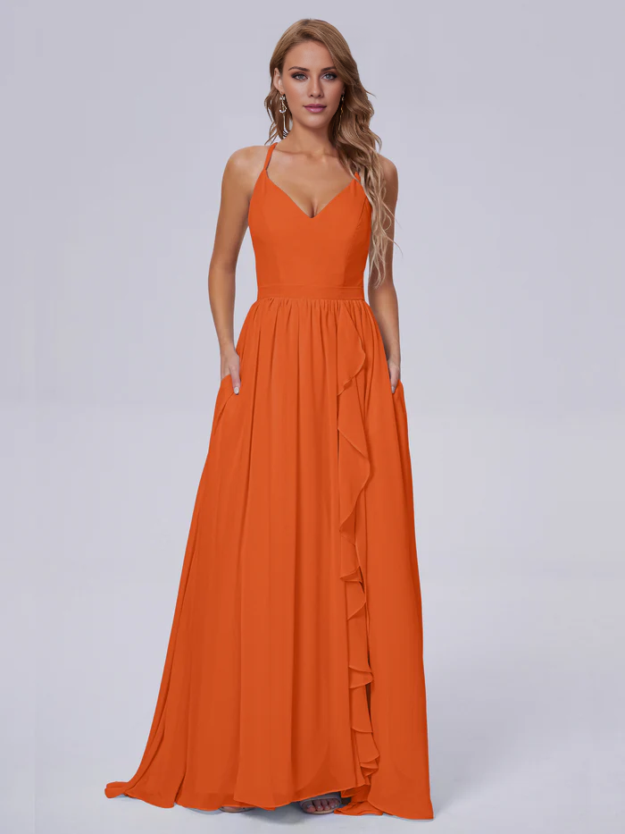 Elegant shoulder strap chiffon and floor length bridesmaid dress
