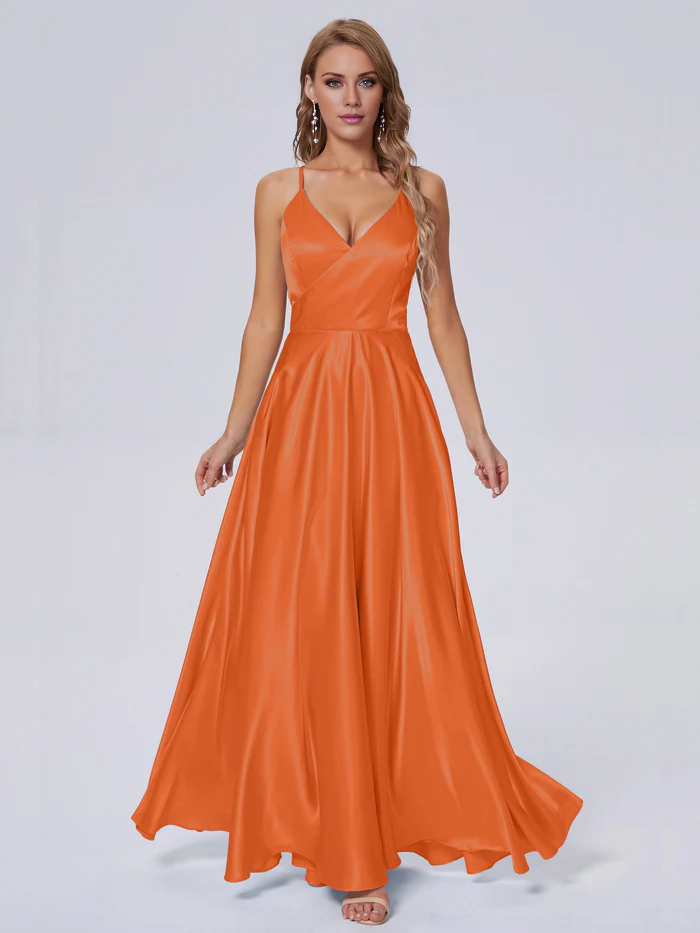 Elegant shoulder strap soft satin and floor length bridesmaid dress