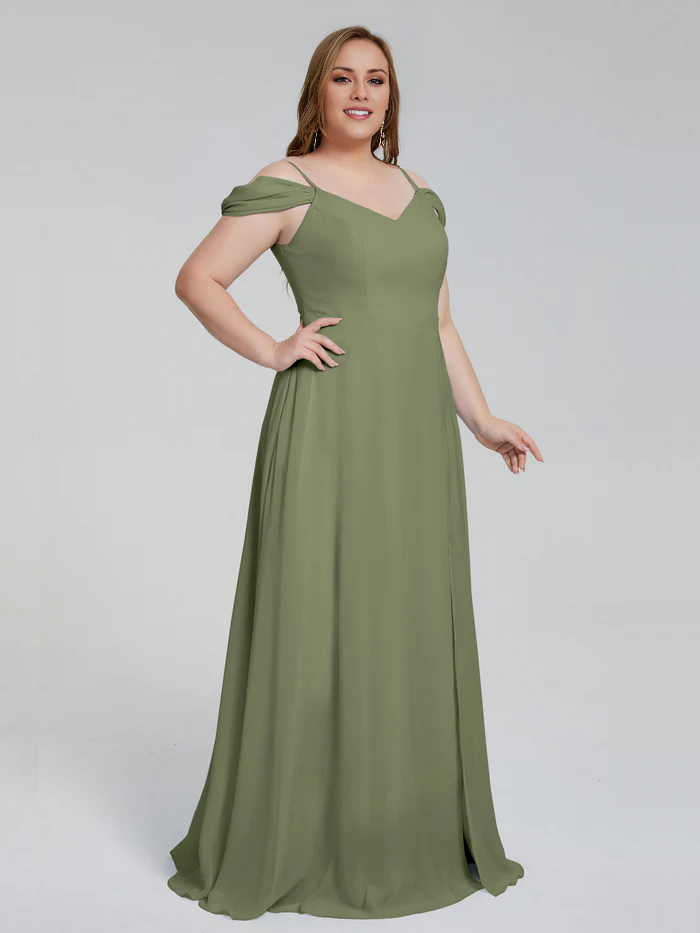 Thin shoulder strap plus size and floor length bridesmaid dress