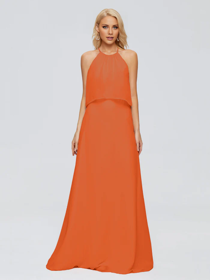 Post neck chiffon and floor length bridesmaid dress