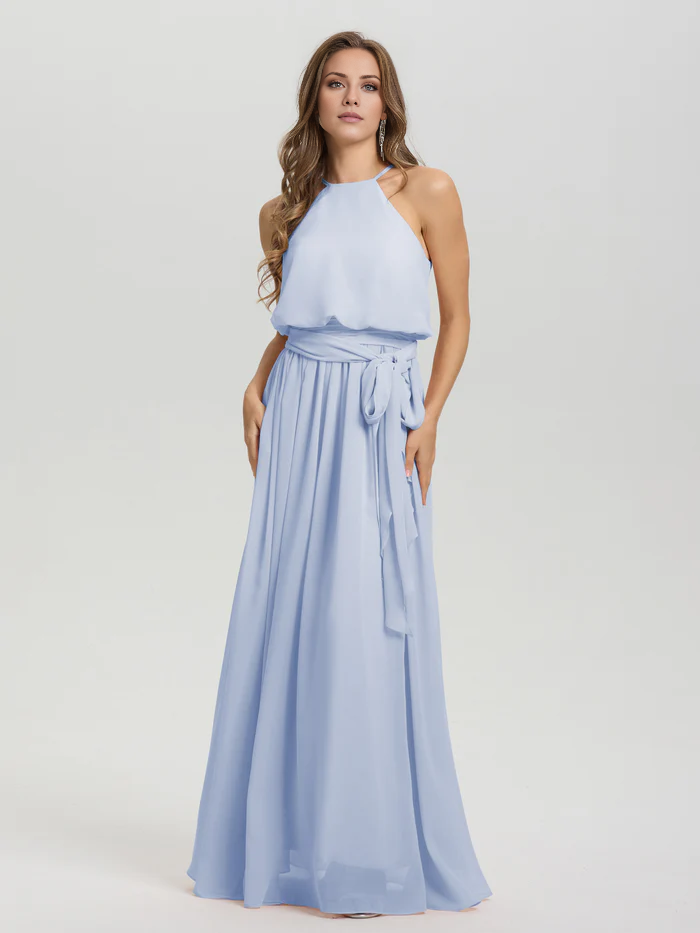 Hanging neck low round neck sleeveless chiffon and floor length Bridesmaid dresses