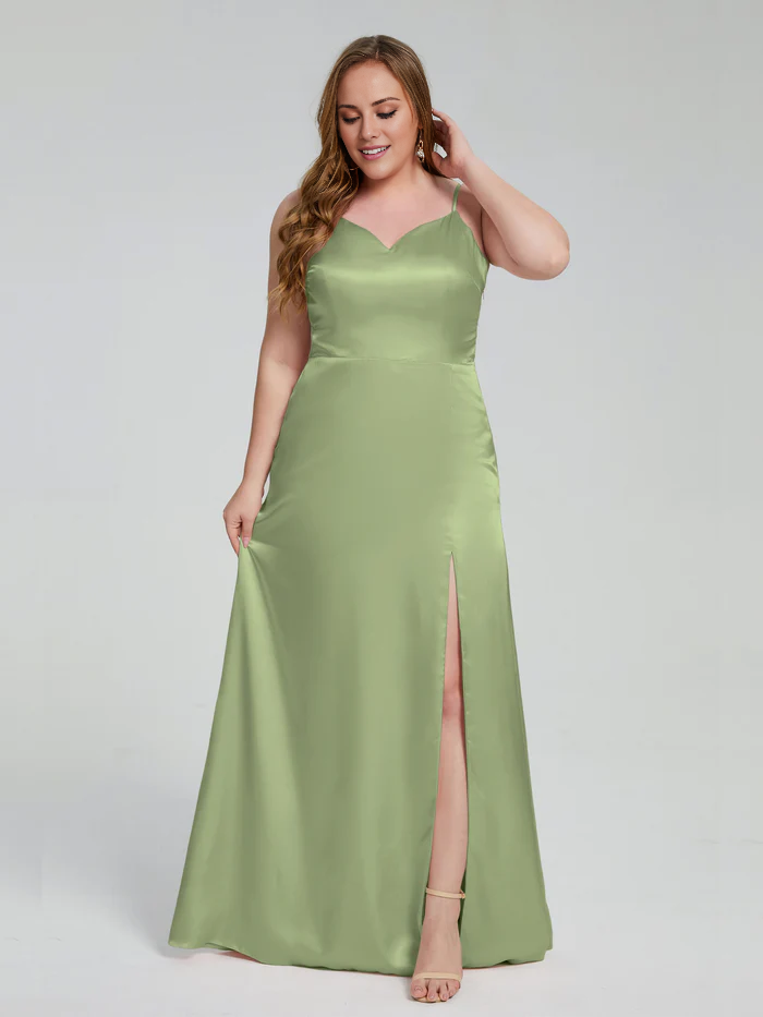 Split plus size soft satin and floor length bridesmaid dress