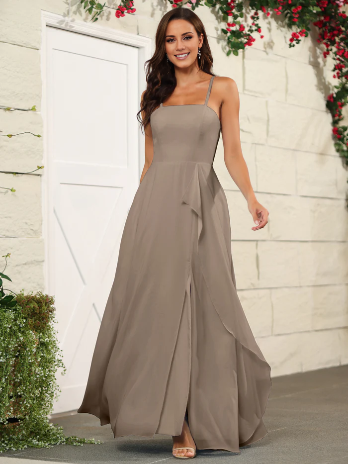 Beautiful chiffon thin shoulder strap and floor length bridesmaid dress