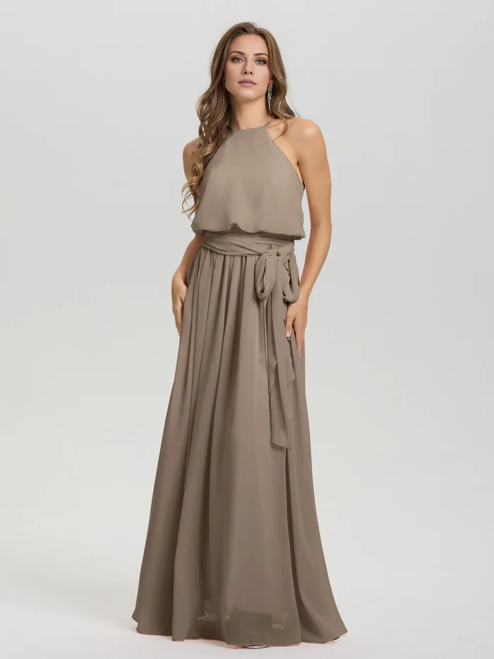Hanging neck low round neck sleeveless chiffon and floor length Bridesmaid dresses