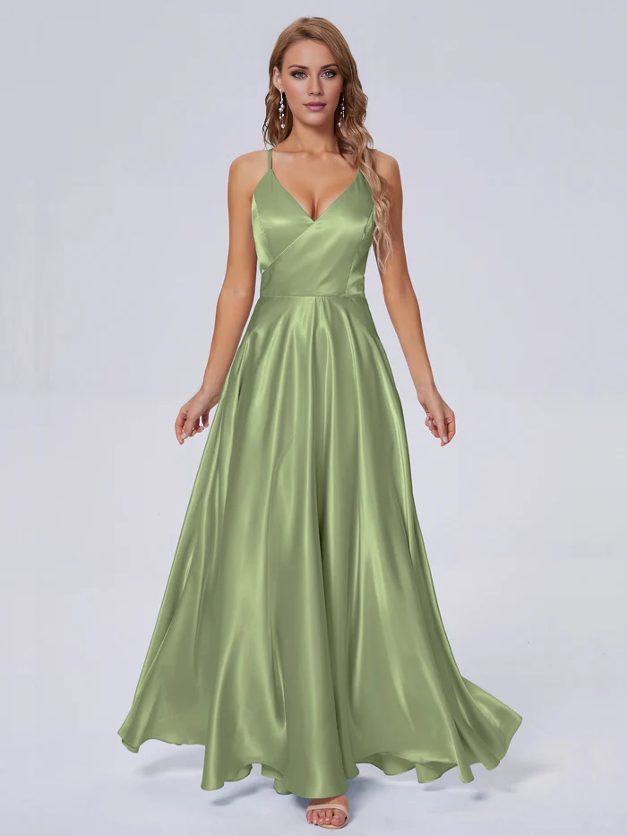 Elegant shoulder strap soft satin and floor length bridesmaid dress