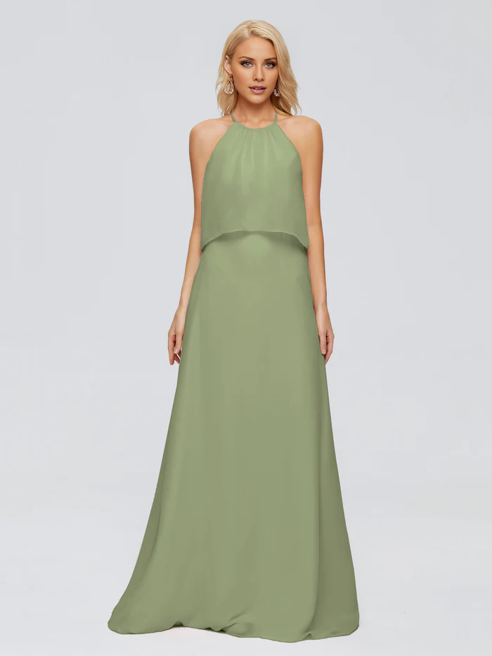 Post neck chiffon and floor length bridesmaid dress