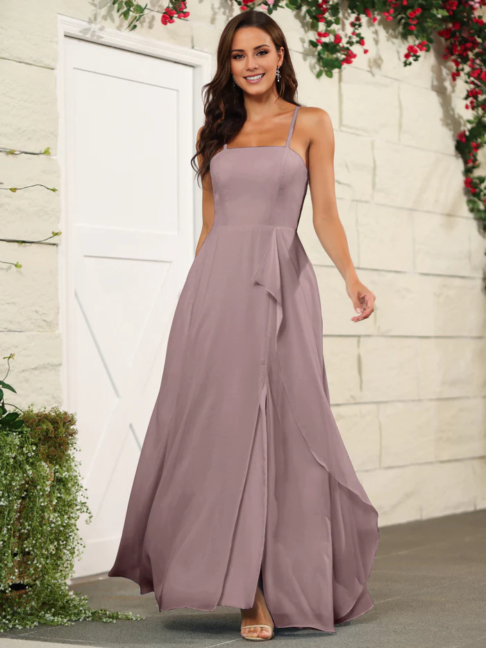 Beautiful chiffon thin shoulder strap and floor length bridesmaid dress