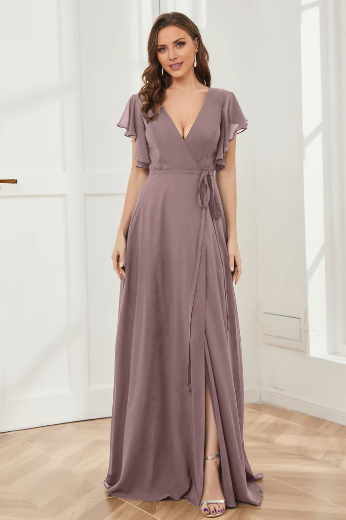 V-neck ruffled sleeve chiffon slit and floor length bridesmaid dress