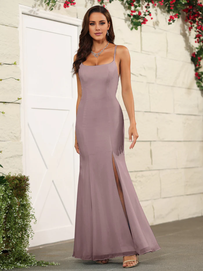 Cross back chiffon thin shoulder strap and floor length bridesmaid dress
