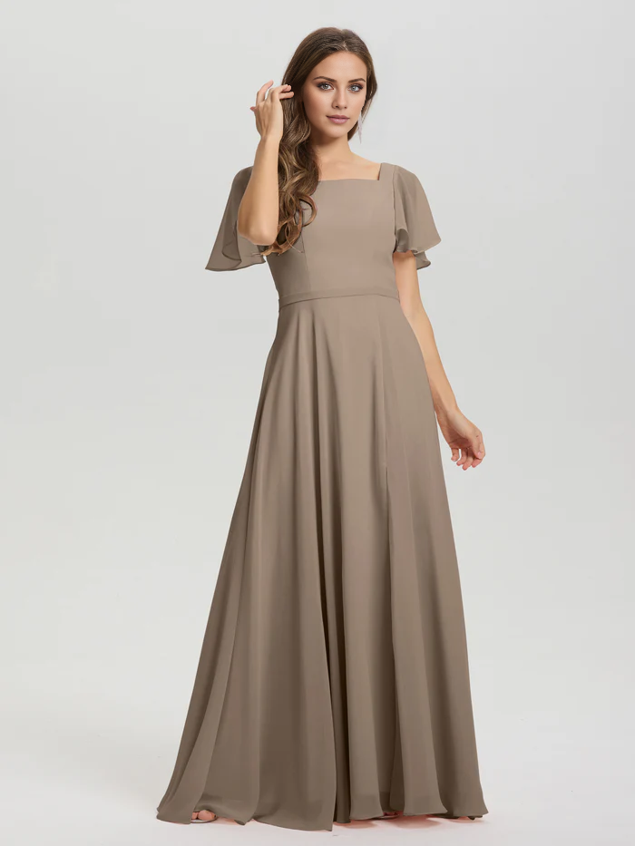 A-line square collar ruffled short sleeved and ground chiffon/ground length bridesmaid dress