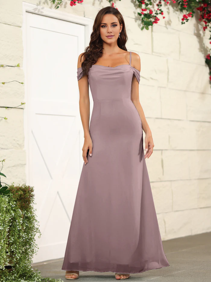 Split off shoulder thin shoulder strap chiffon and floor length bridesmaid dress