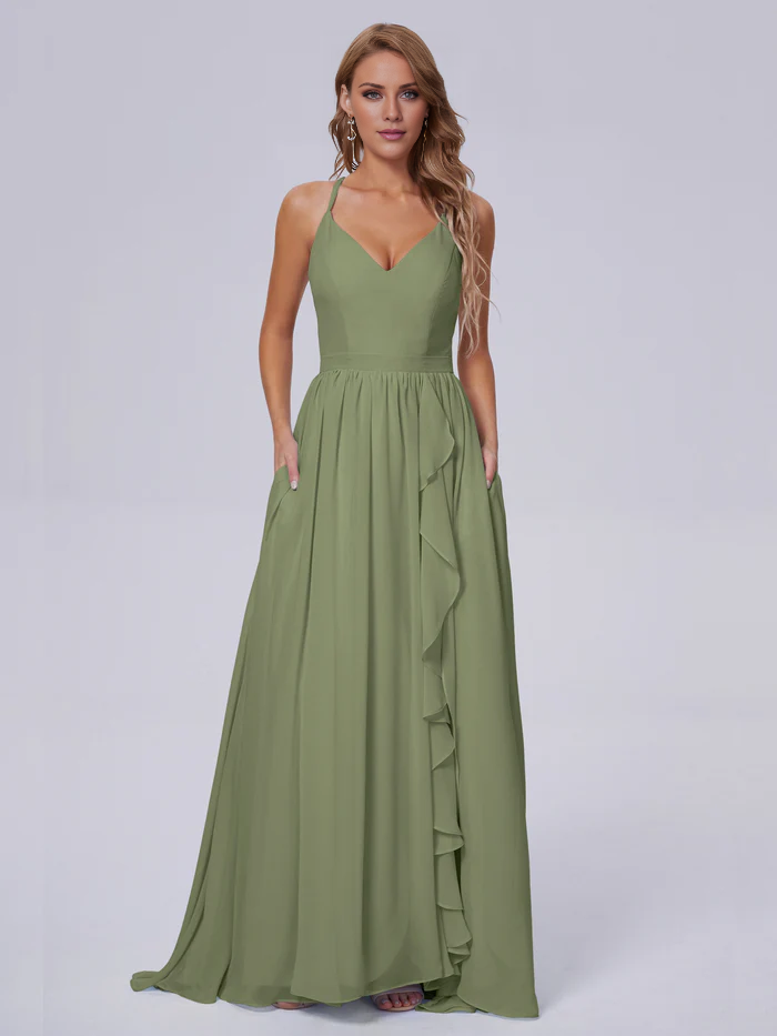 Elegant shoulder strap chiffon and floor length bridesmaid dress