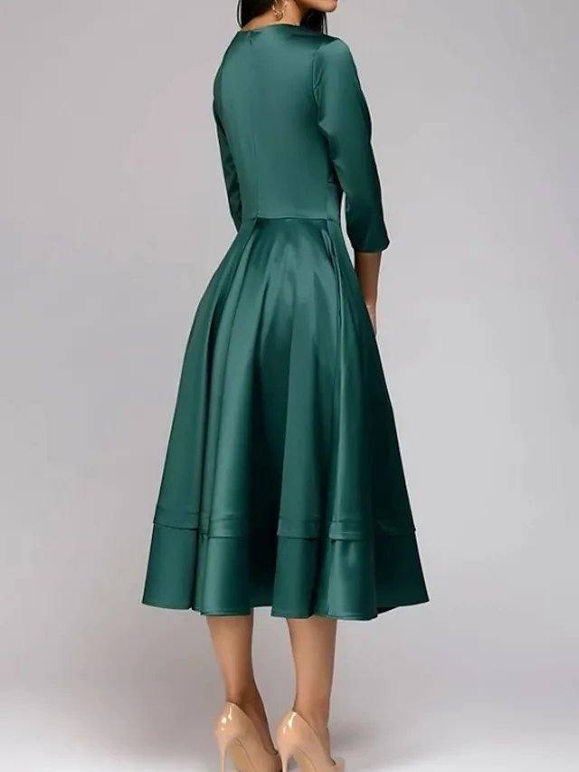 A-Line Mother of the Bride Dress Elegant V Neck Tea Length Satin 3/4 Length Sleeve with Pleats - RongMoon