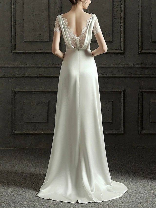 A-Line Wedding Dresses V Neck Sweep / Brush Train Satin Short Sleeve Romantic Vintage 1950s with Lace - RongMoon