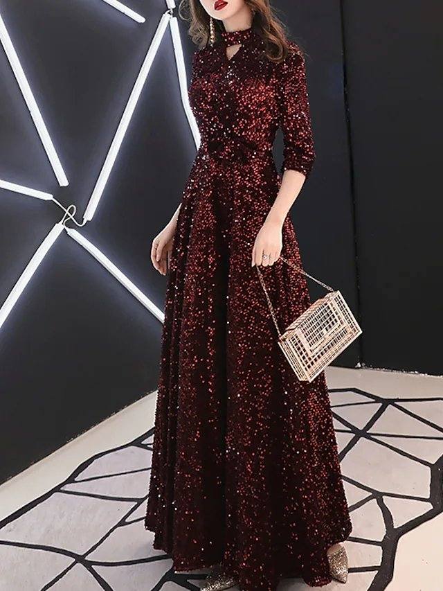 A-Line Minimalist Sparkle Prom Formal Evening Dress Jewel Neck 3/4 Length Sleeve Floor Length Sequined with Sequin Solid - RongMoon