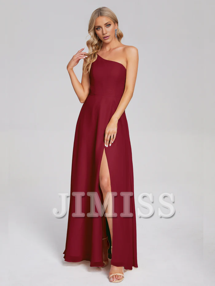 Shoulder side slit chiffon and floor length bridesmaid dress