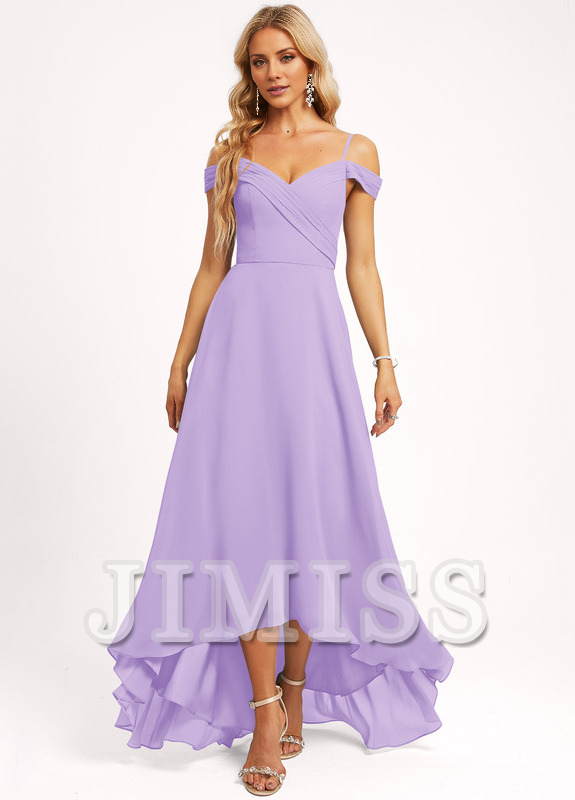 A-line off-shoulder asymmetric chiffon bridesmaid dress
