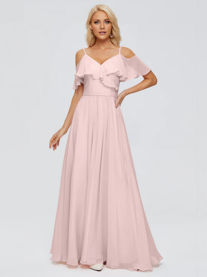 Thin shoulder strap ruffled chiffon and floor length bridesmaid dress