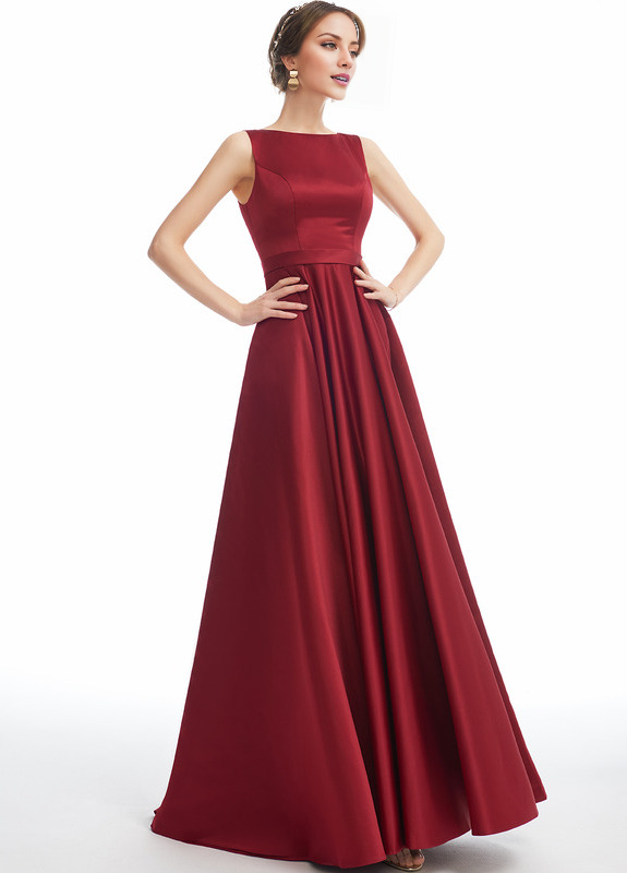 A-line Scoop Neck Floor Length Satin Bridesmaids Dress