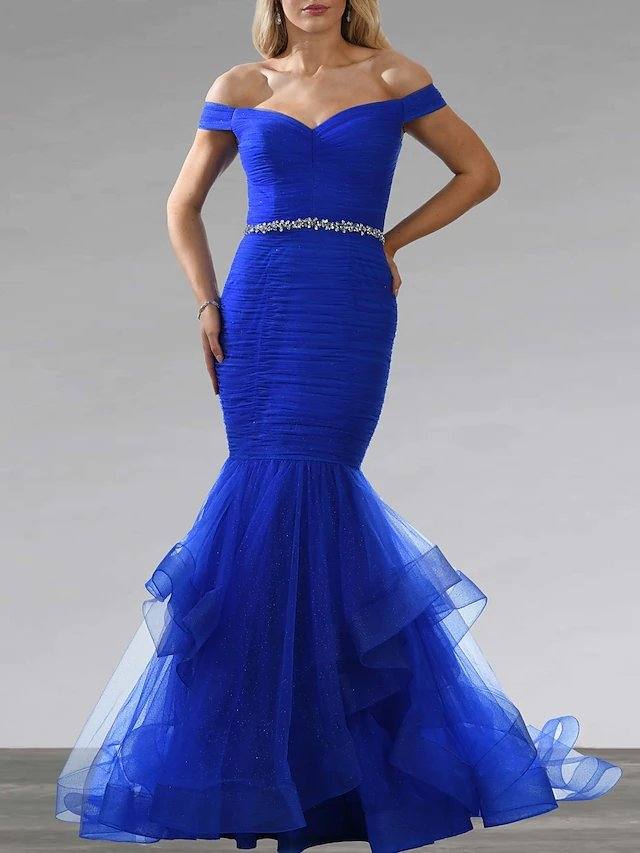Mermaid / Trumpet Mother of the Bride Dress Elegant Sexy Off Shoulder Floor Length Tulle Short Sleeve with Tier Crystal Brooch Ruching - RongMoon