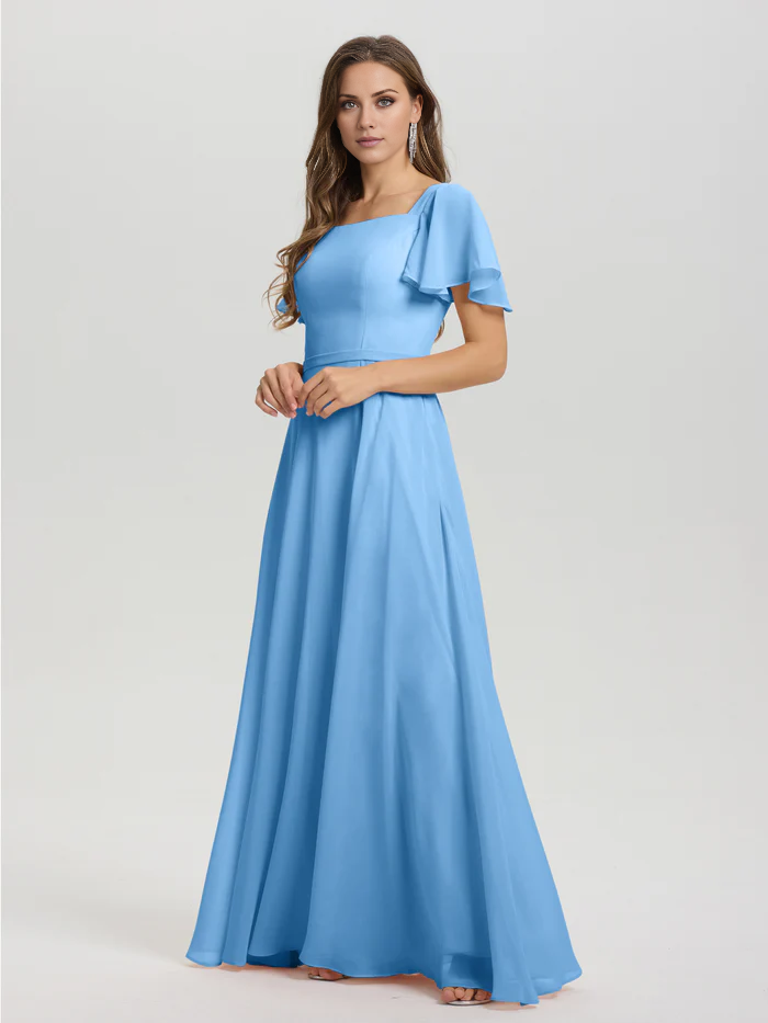 A-line square collar ruffled short sleeved and ground chiffon/ground length bridesmaid dress