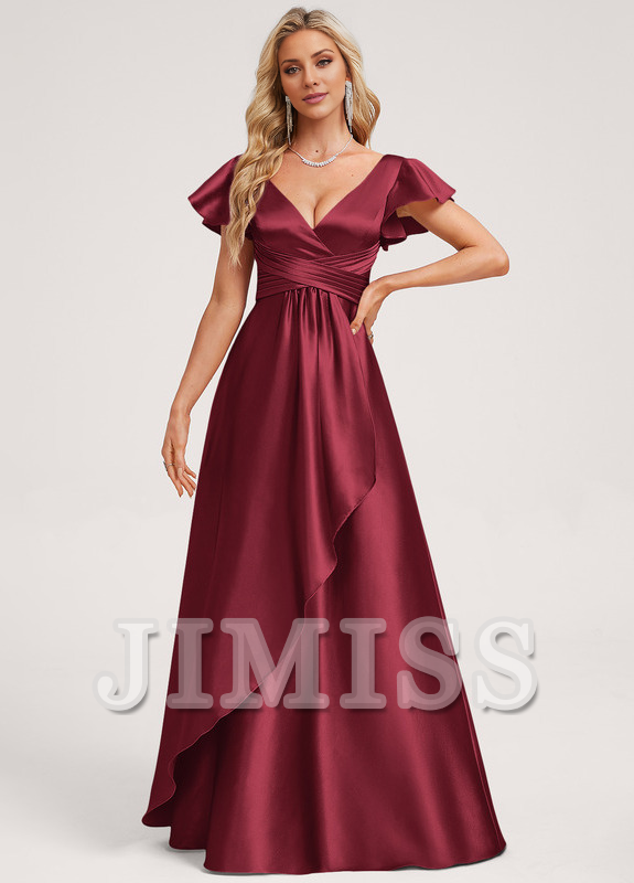 Ruffled A-line V-neck Floor-length Satin Bridesmaids Dress