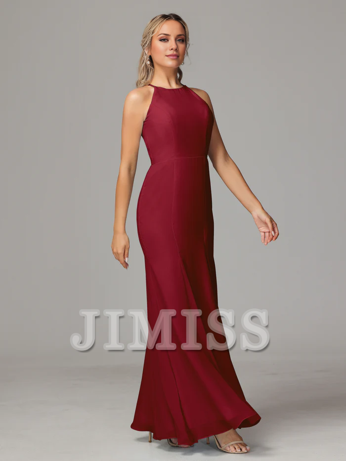 Hanging neck backless chiffon side slit bridesmaid dress