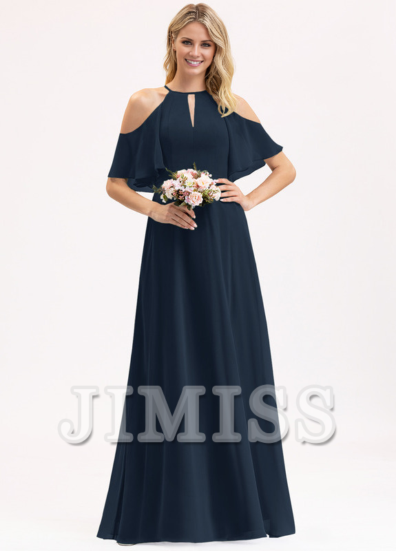 A-line off-the-shoulder scoop neck floor-length chiffon bridesmaid dress