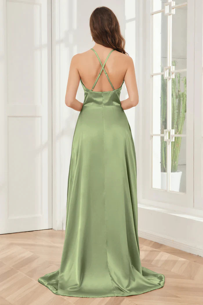 Column neck hanging soft satin and floor length bridesmaid dress