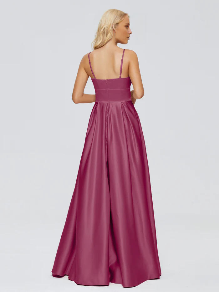 V-neck thin shoulder strap satin and floor length bridesmaid dress