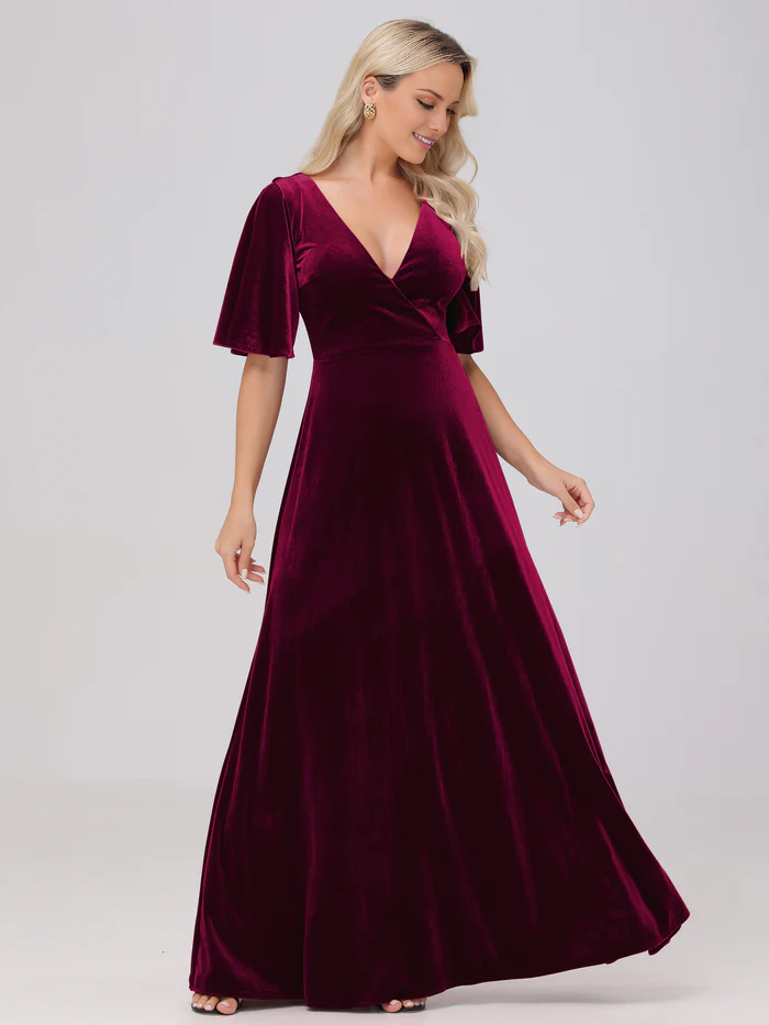 A-line V-neck short sleeved velvet and floor length bridesmaid dress