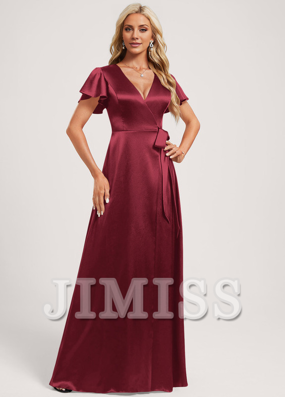 A-Line V-Neck Floor-Length Stretch Satin Bridesmaids Dress