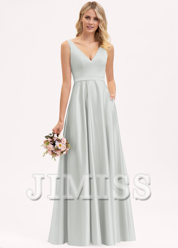 A-line V-neck floor-length satin bridesmaid dress